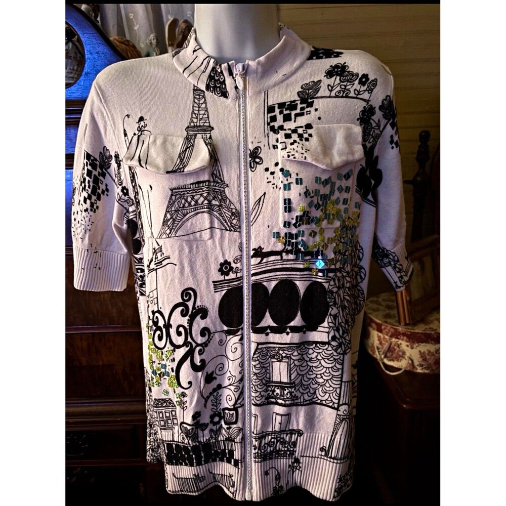 Just B Size Medium Women’s Zip Up Sweater Paris Jeweled Sequined 36” Bust 24” L